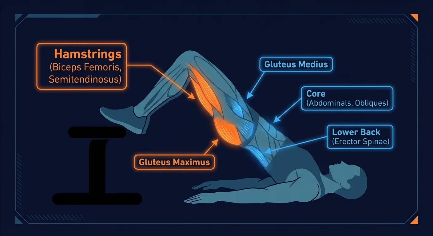 Iso ham raise muscles worked diagram highlighting hamstrings, gluteus maximus, and posterior chain