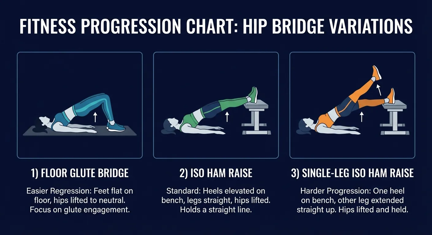 Iso ham raise variations showing floor glute bridge, bench iso ham raise, and single-leg progression