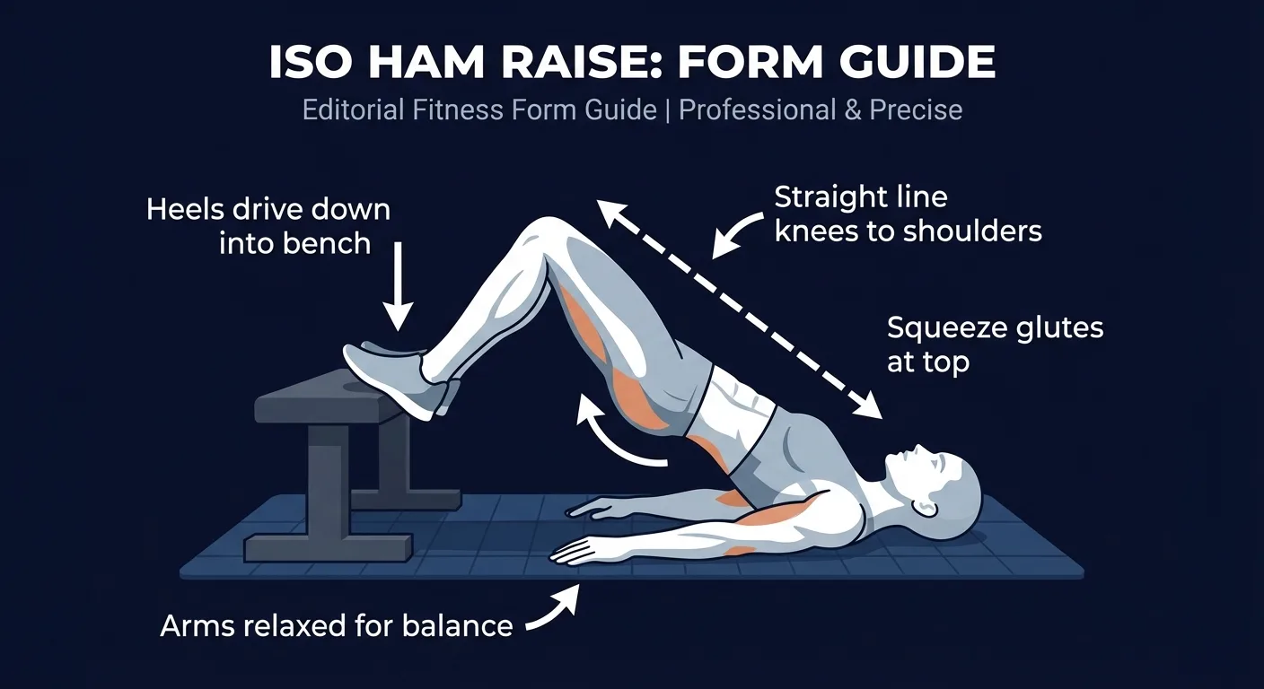 Iso ham raise proper form with heels on bench, hips driven up, and straight line from knees to shoulders