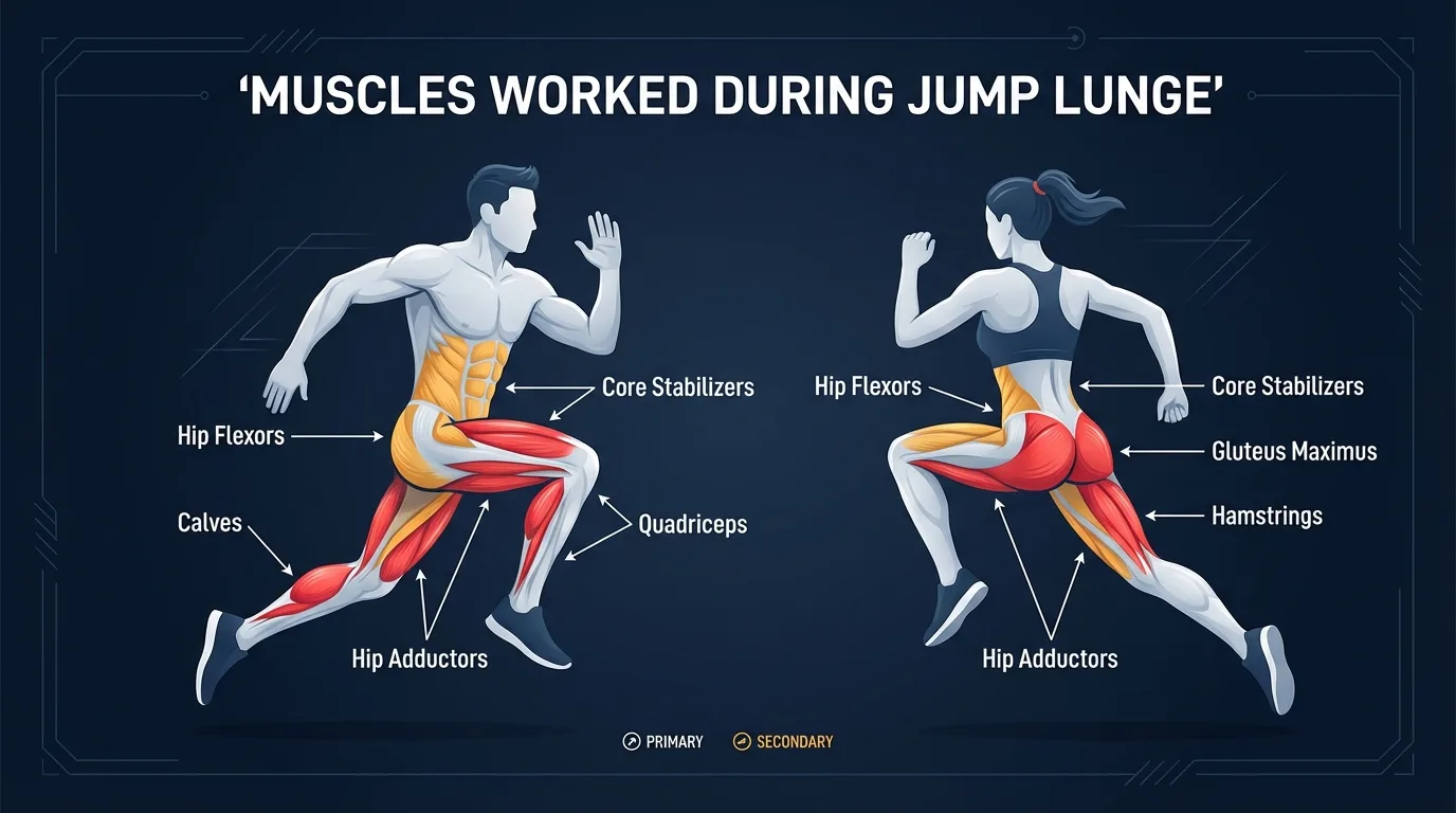 Jump lunge muscles targeted diagram showing quadriceps, glutes, hamstrings, and calves as primary movers with hip flexors and core as secondary muscles