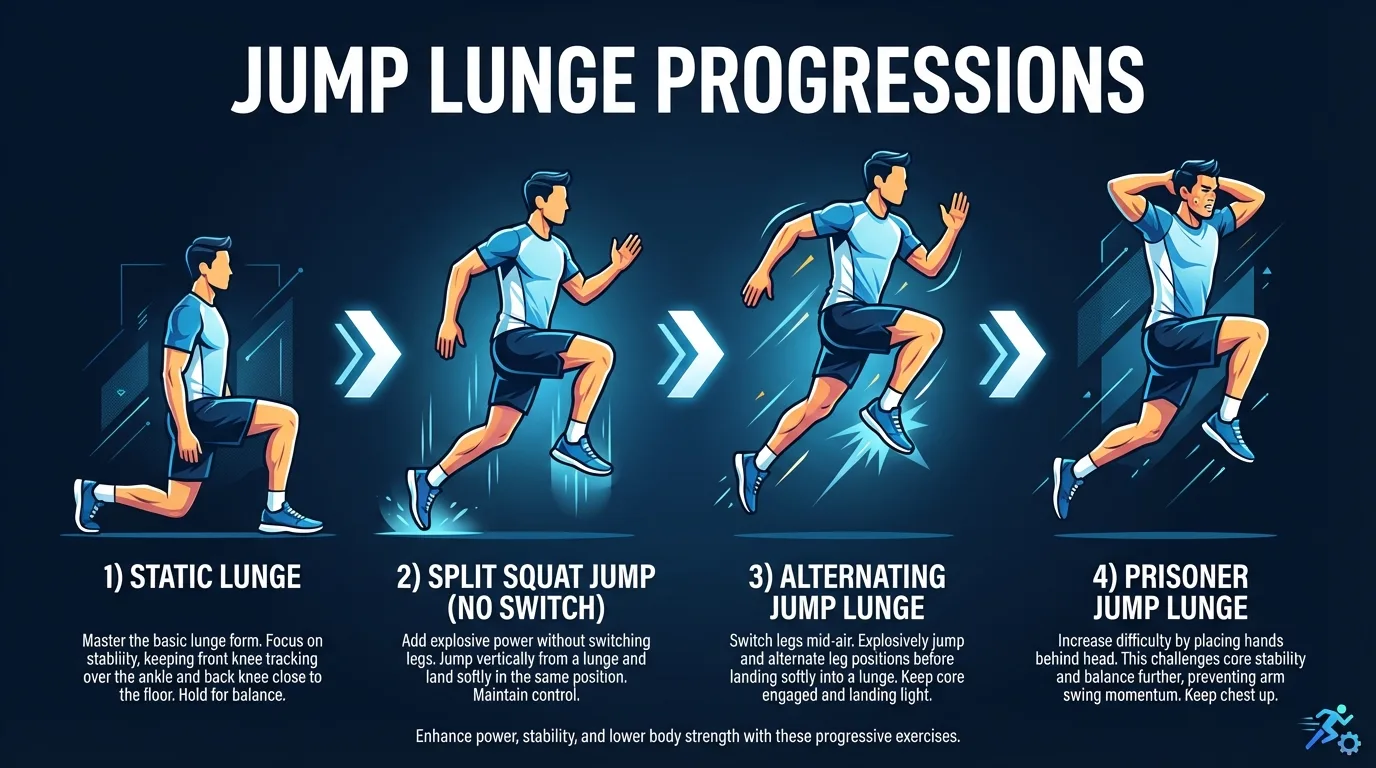 Jump lunge progression from static lunge to split squat jump to alternating jump lunge to depth jump lunge, showing increasing plyometric difficulty