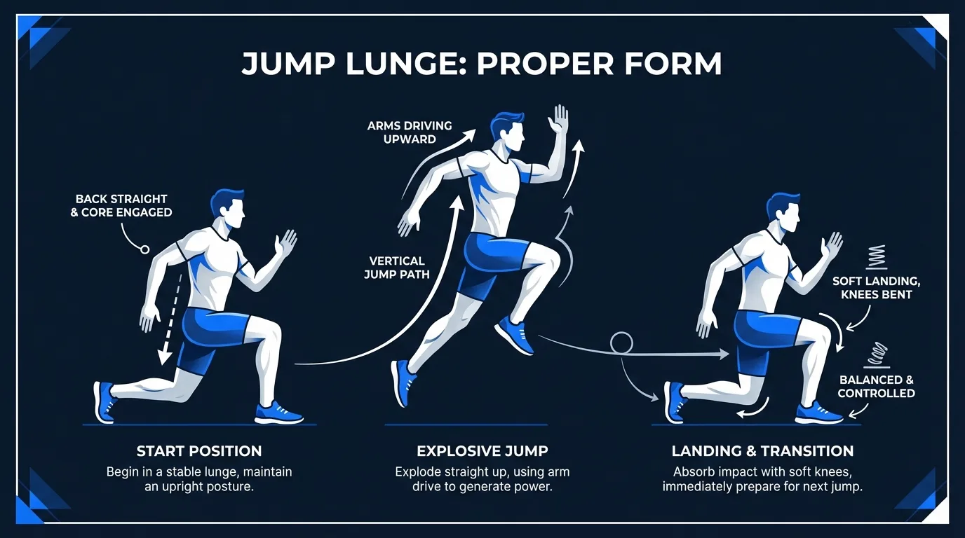 Jump lunge proper form showing lunge start position, explosive jump with legs switching mid-air, and soft landing in opposite lunge position