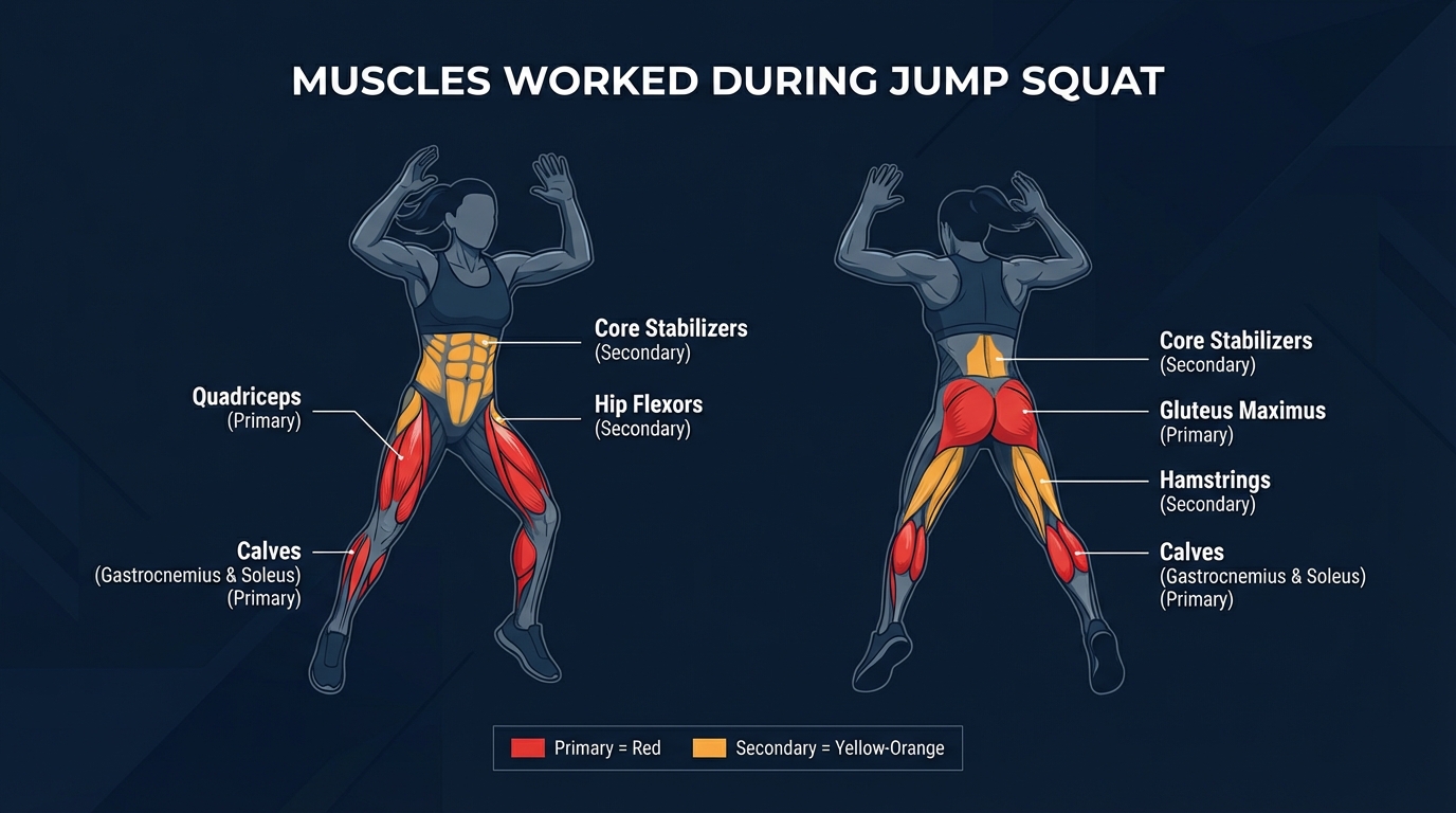 Jump squat muscles targeted diagram showing quadriceps, gluteus maximus, and calves as primary with hamstrings and core as secondary