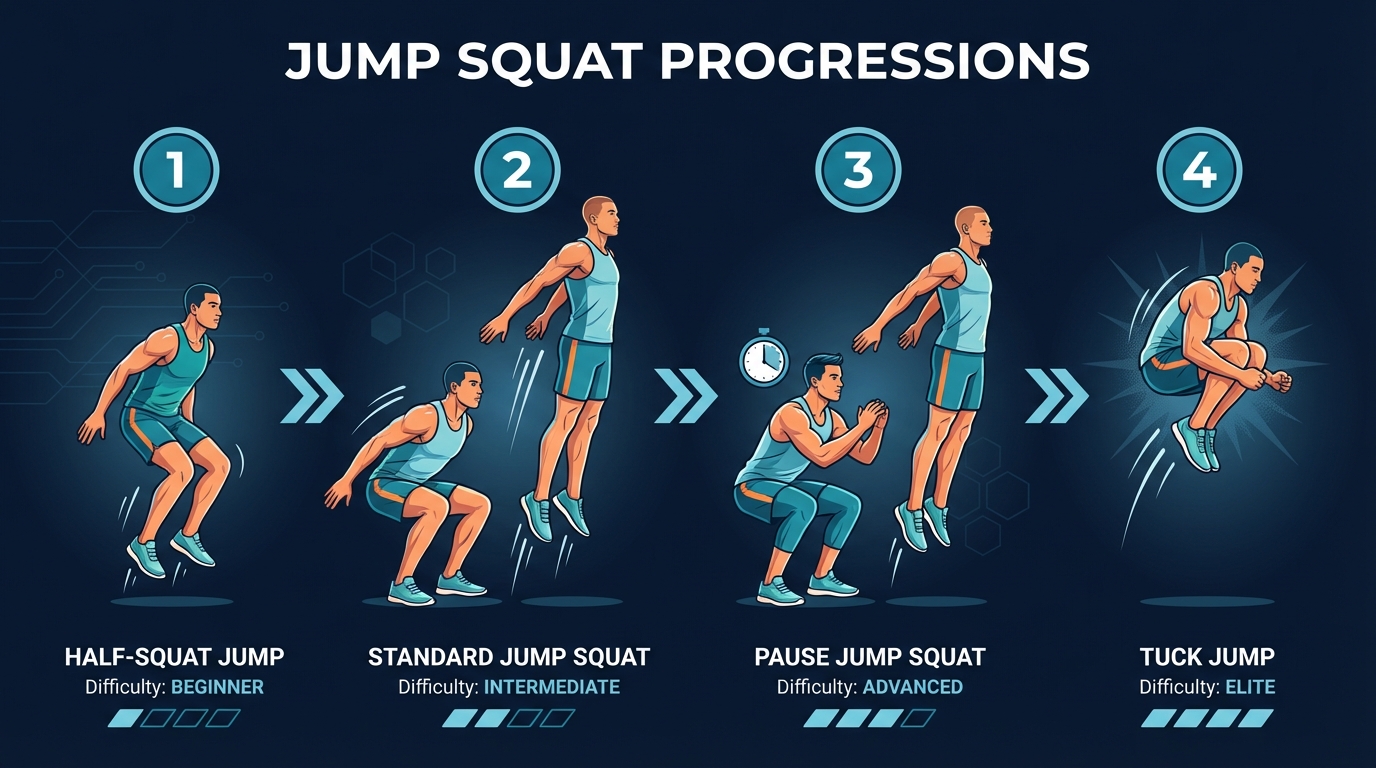 Jump squat progression from half-squat jump to standard jump squat to pause jump squat to tuck jump