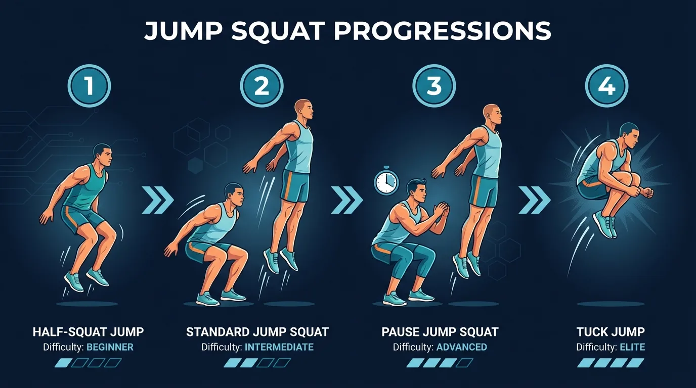 Progression du squat saute du demi-squat saute au squat saute standard au squat saute avec pause au tuck jump