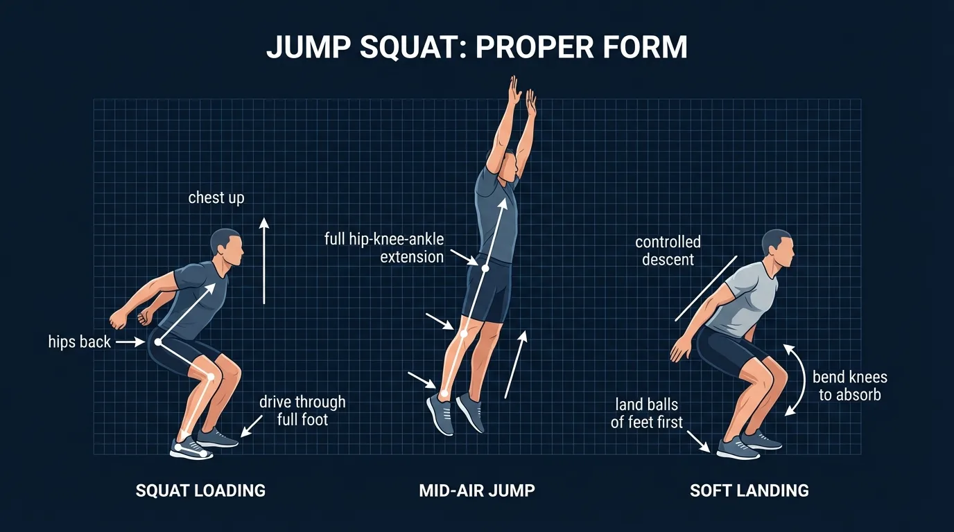 Forme correcte du squat saute montrant position de chargement en squat, triple extension en l'air et atterrissage souple avec genoux flechis