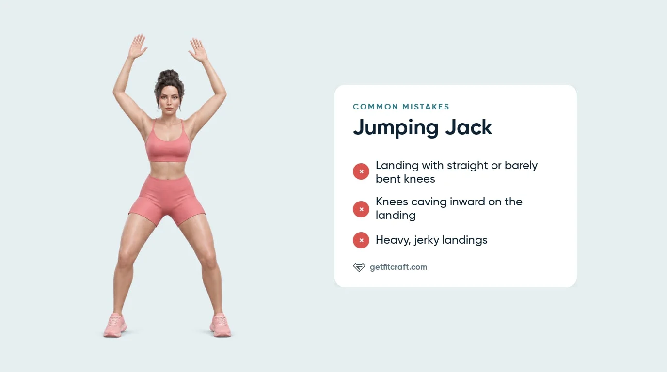 Jumping jacks done correctly with knees bent beside common mistakes: straight knees, knees caving in, heavy landings