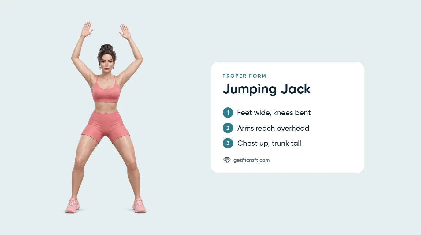 Jumping jacks exercise proper form from the front: feet wide, knees bent, arms reaching overhead, chest up and trunk tall