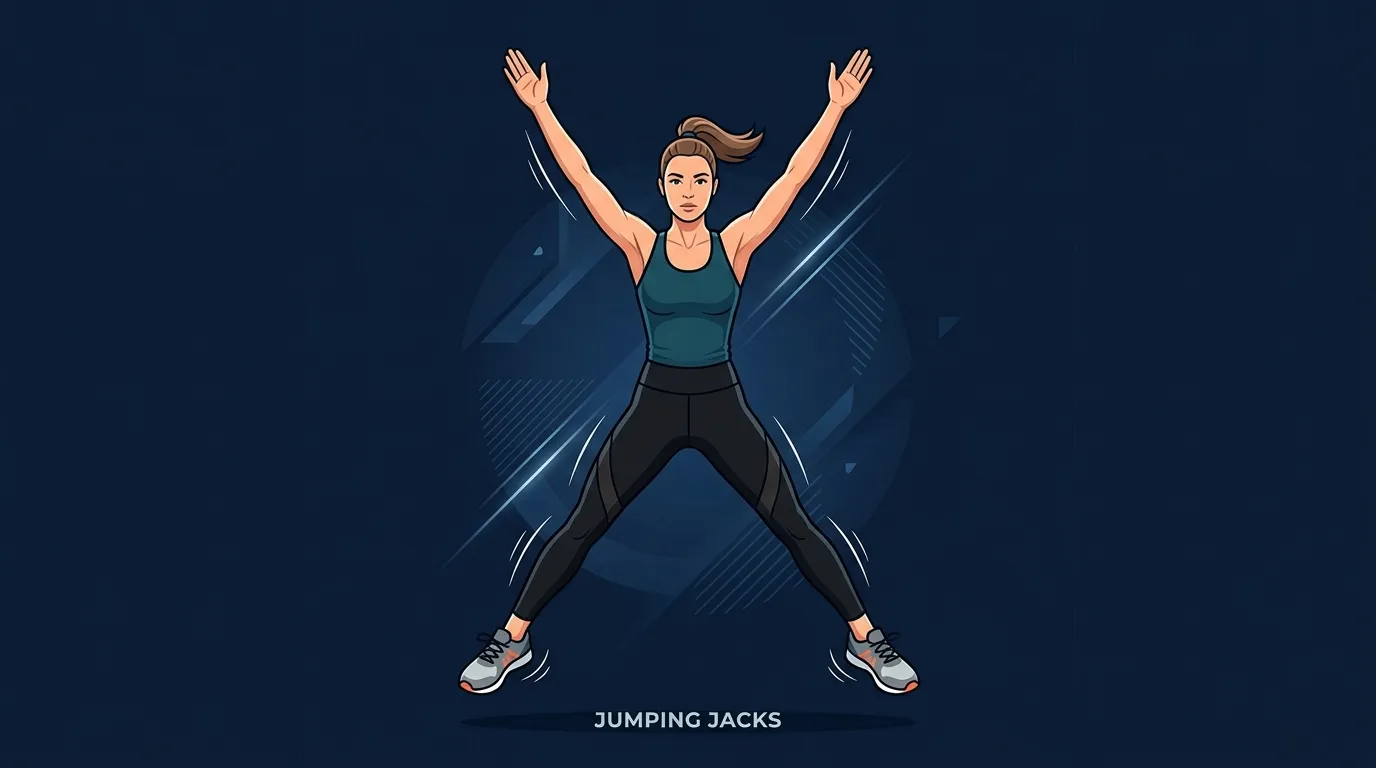 Jumping jack proper form: tall posture with soft knees, feet jumping out slightly wider than shoulder-width, arms reaching fully overhead with hands nearly touching, soft landing with slight knee bend