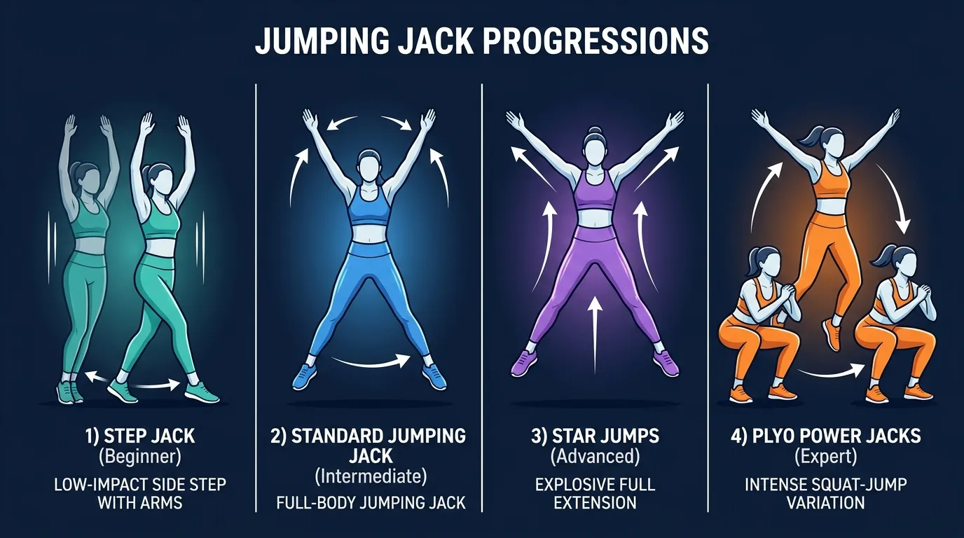 Jumping jack progression spectrum: low-impact step jacks for beginners, standard jumping jacks for interval cardio, power jacks adding a squat, and star jacks as an explosive plyometric finisher