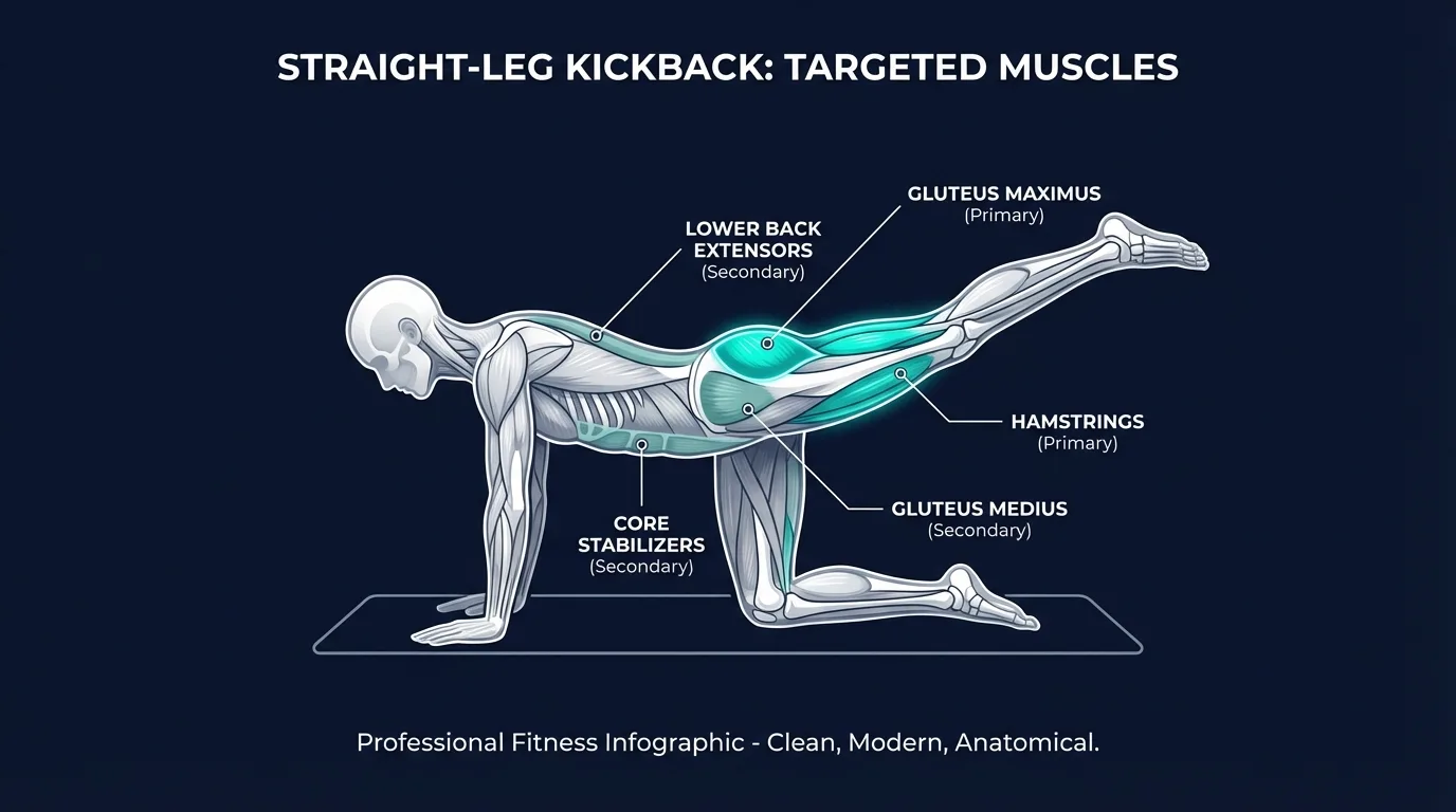 Diagrama de musculos trabalhados no exercicio kickback mostrando gluteo maximo e isquiotibiais como motores principais com estabilizadores do core e gluteo medio como secundarios