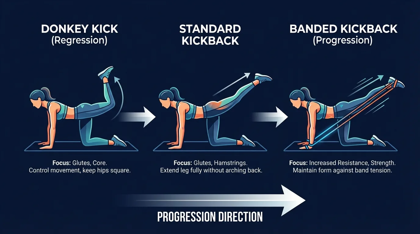 Progressao do exercicio kickback desde peso corporal padrao com perna reta ate banda de resistencia e variacao com pulsos