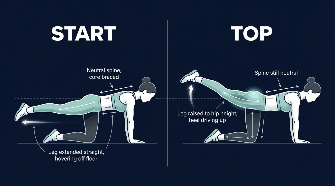 Forma correta do kickback mostrando posicao inicial de quatro apoios com perna reta flutuando sobre o chao, e posicao final com perna reta elevada a altura do quadril, coluna neutra mantida
