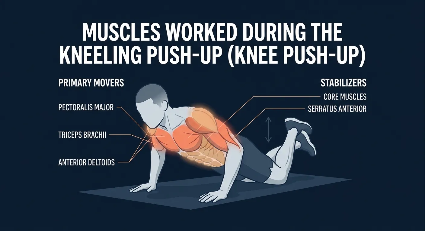 Kneeling push-up muscles activated: pectoralis major, triceps brachii, and anterior deltoids as primary movers, with the core and serratus anterior stabilizing the shortened head-to-knees plank