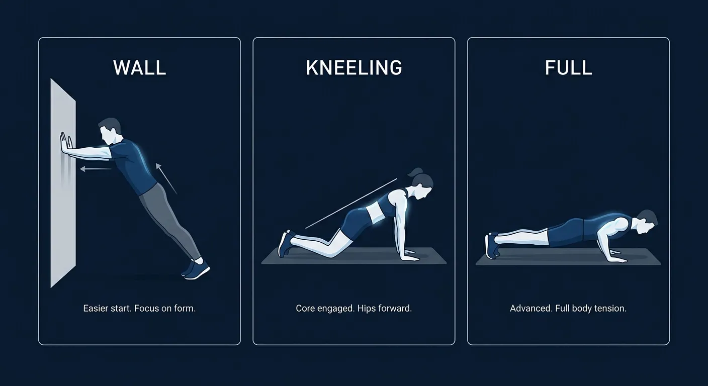 Push-up progression path from wall push-up to kneeling push-up to full floor push-up, showing increasing load as the body moves from vertical to horizontal