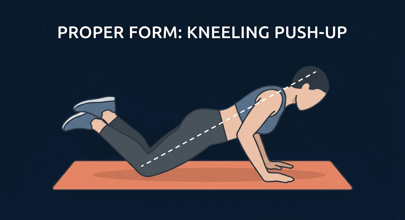 Kneeling push-up proper form: hands slightly wider than shoulder-width under the shoulders, elbows tracking back at 45 degrees, body in a rigid straight line from head to knees with hips fully extended