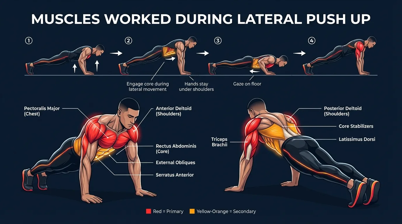 Lateral push-up muscles targeted diagram showing pectoralis major, anterior deltoids, and triceps as primary movers with obliques and core as stabilizers