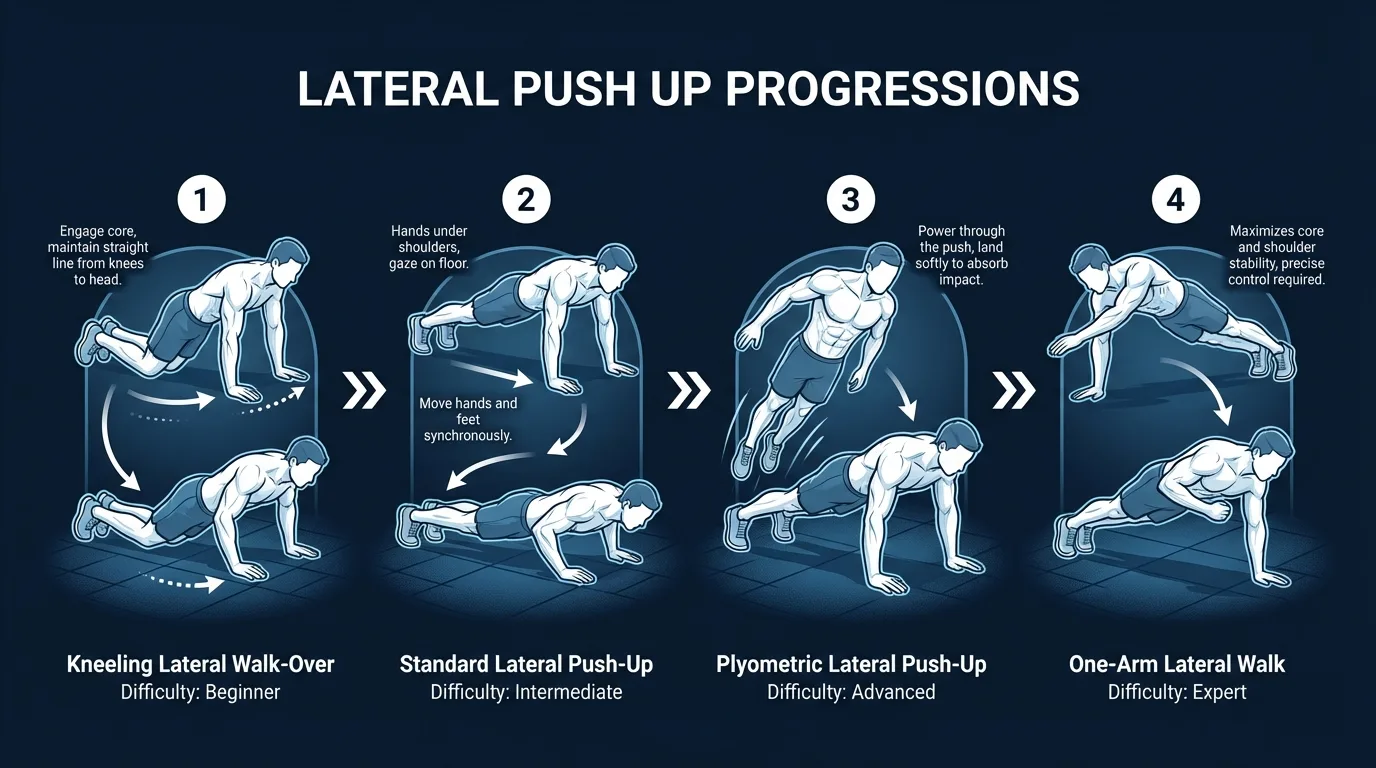 Lateral push-up progression ladder from incline lateral push-up to floor lateral push-up to feet-elevated lateral push-up showing increasing difficulty
