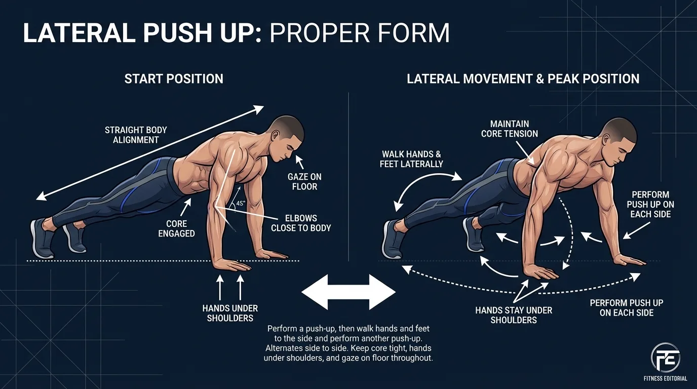 Lateral push-up proper form showing offset hand position with one hand walked out to the side, straight body line, and hips level during the pressing phase