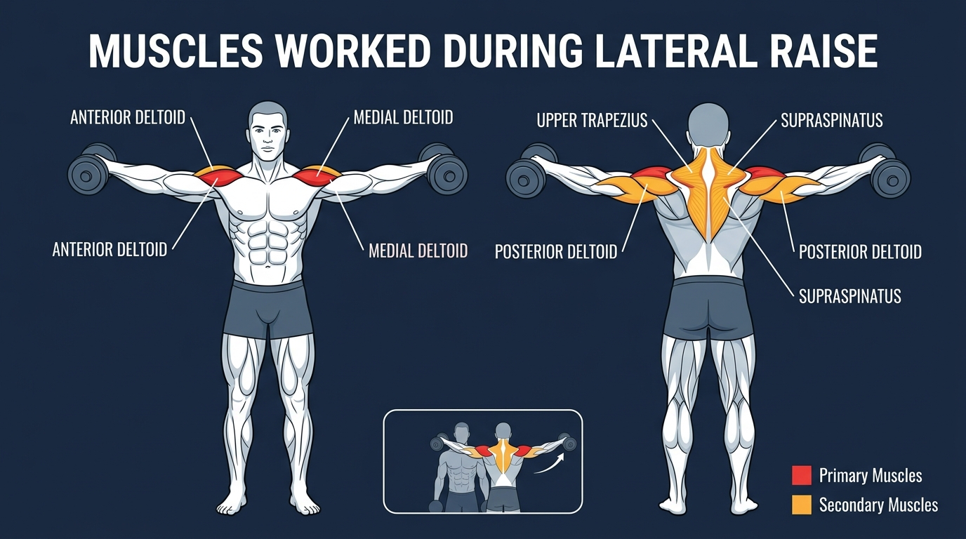 Lateral raise muscles targeted diagram showing medial deltoid, anterior deltoid, upper trapezius, and supraspinatus activation during dumbbell lateral raise