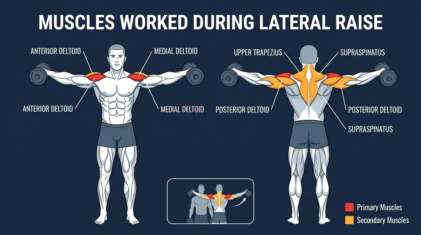 Lateral raise muscles activated: medial (side) deltoid as the primary mover, with the anterior deltoid, supraspinatus, and upper trapezius as secondary and stabilizing muscles