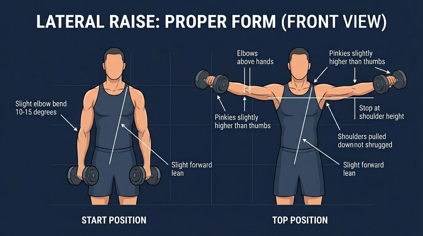 Lateral raise proper form showing dumbbell path, elbow position above hands, shoulder height stopping point, and slight forward lean