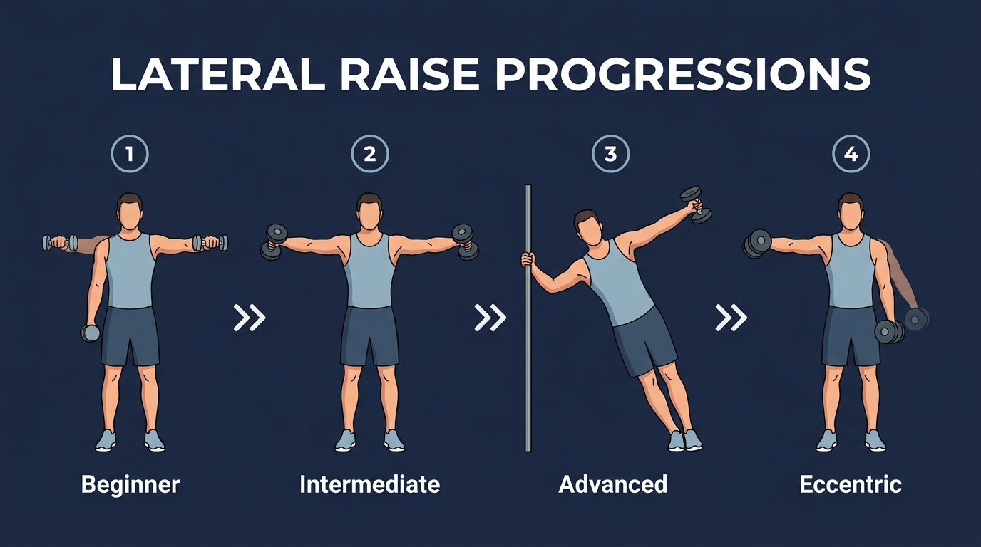 Lateral raise progression from light dumbbell lateral raise to leaning lateral raise to eccentric-focused lateral raise