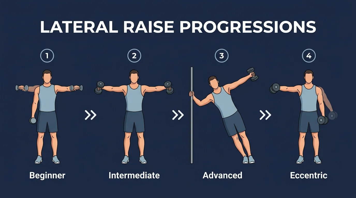 Lateral raise progression from light dumbbell version for beginners through standard form to the leaning lateral raise and eccentric-focused variation for advanced lifters