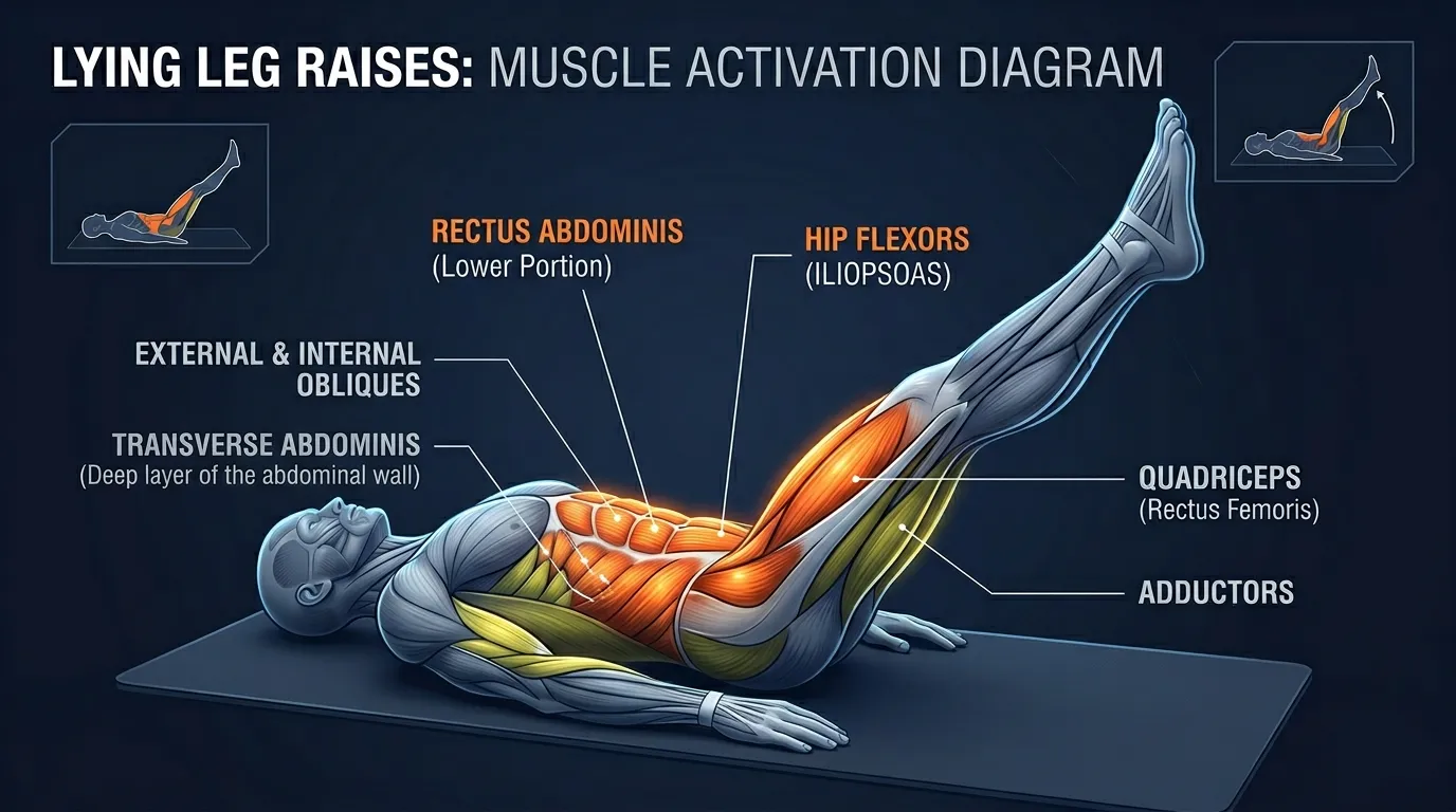 Leg raise muscles activated: the lower rectus abdominis and hip flexors (iliopsoas, rectus femoris) as primary movers, with the upper rectus abdominis and obliques assisting and the deep core canister stabilizing the pelvis