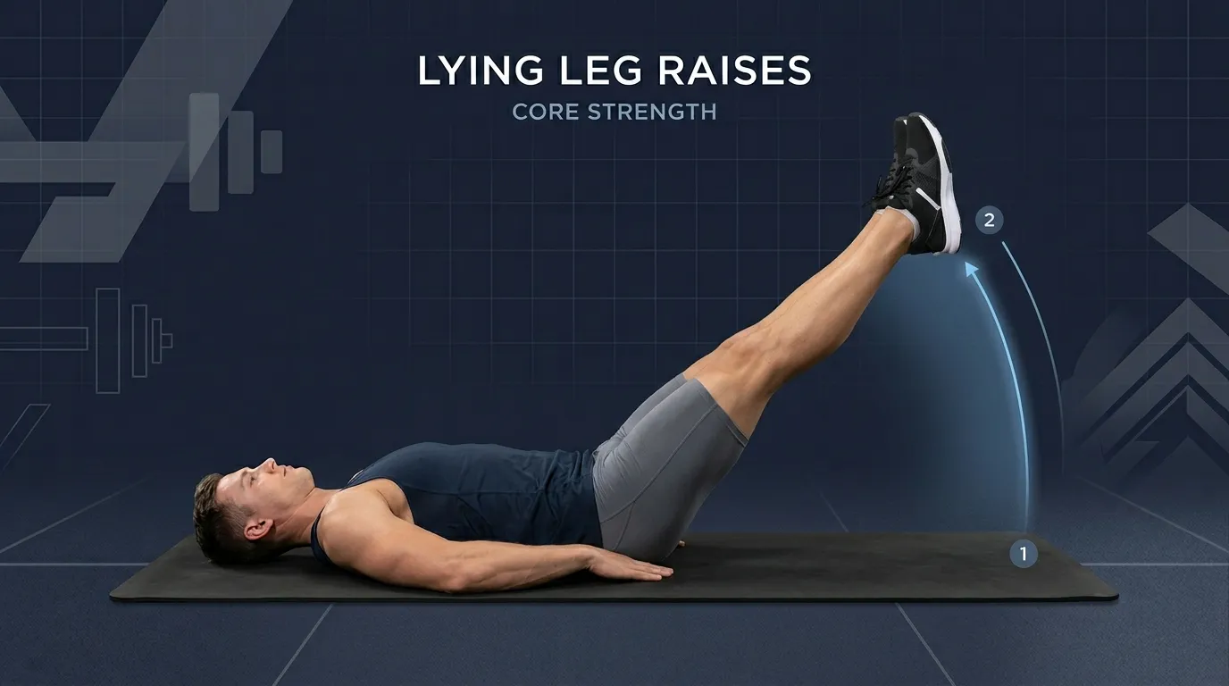 Proper leg raise form showing the supine position with legs together, lower back pressed flat against the floor, and a controlled lift to vertical with palms supporting the hips