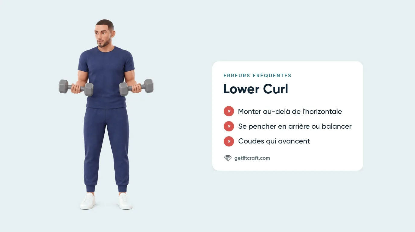 Lower curl correct et erreurs courantes : monter jusqu'aux épaules, se pencher en arrière pour balancer, coudes qui avancent