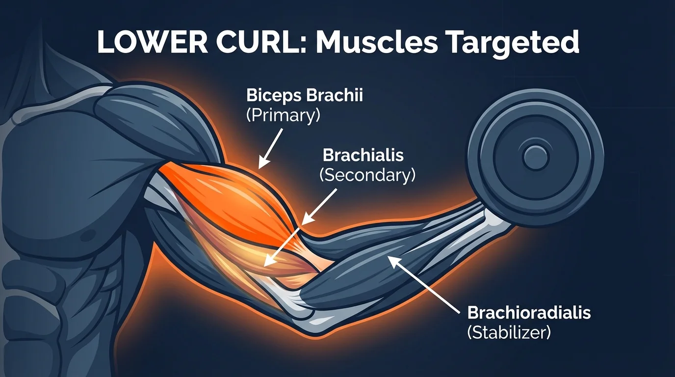 Lower curl muscles targeted diagram showing biceps brachii as the primary mover with brachialis and brachioradialis as secondary muscles in the lower-half range of motion