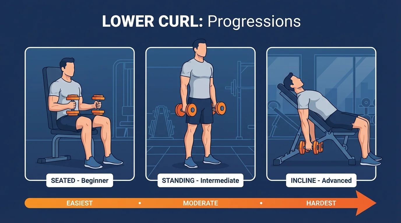 Lower curl progressions from seated lower curl to standing lower curl to incline lower curl with difficulty levels increasing