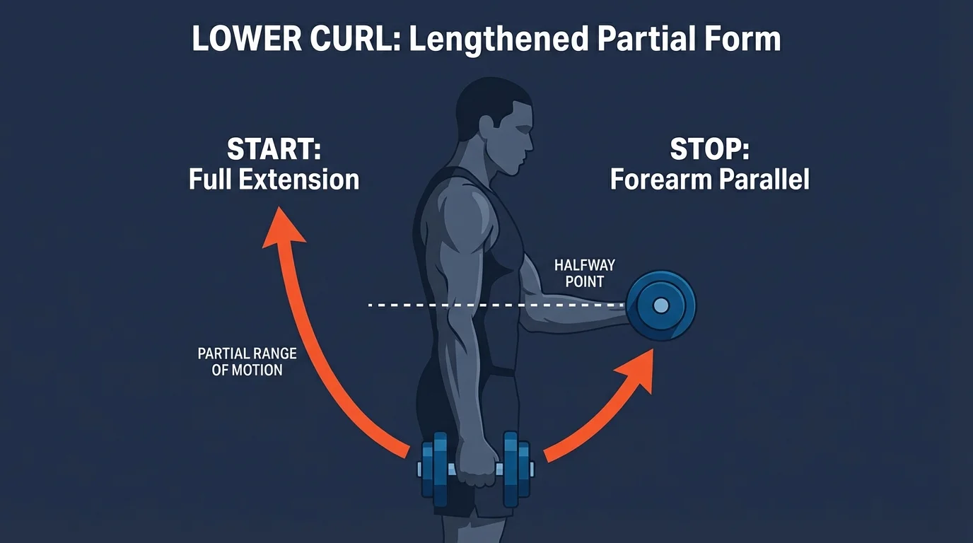 Lower curl proper form showing starting position with dumbbells at thighs in full extension and top position with forearms parallel to the floor, illustrating the lengthened-partial range of motion