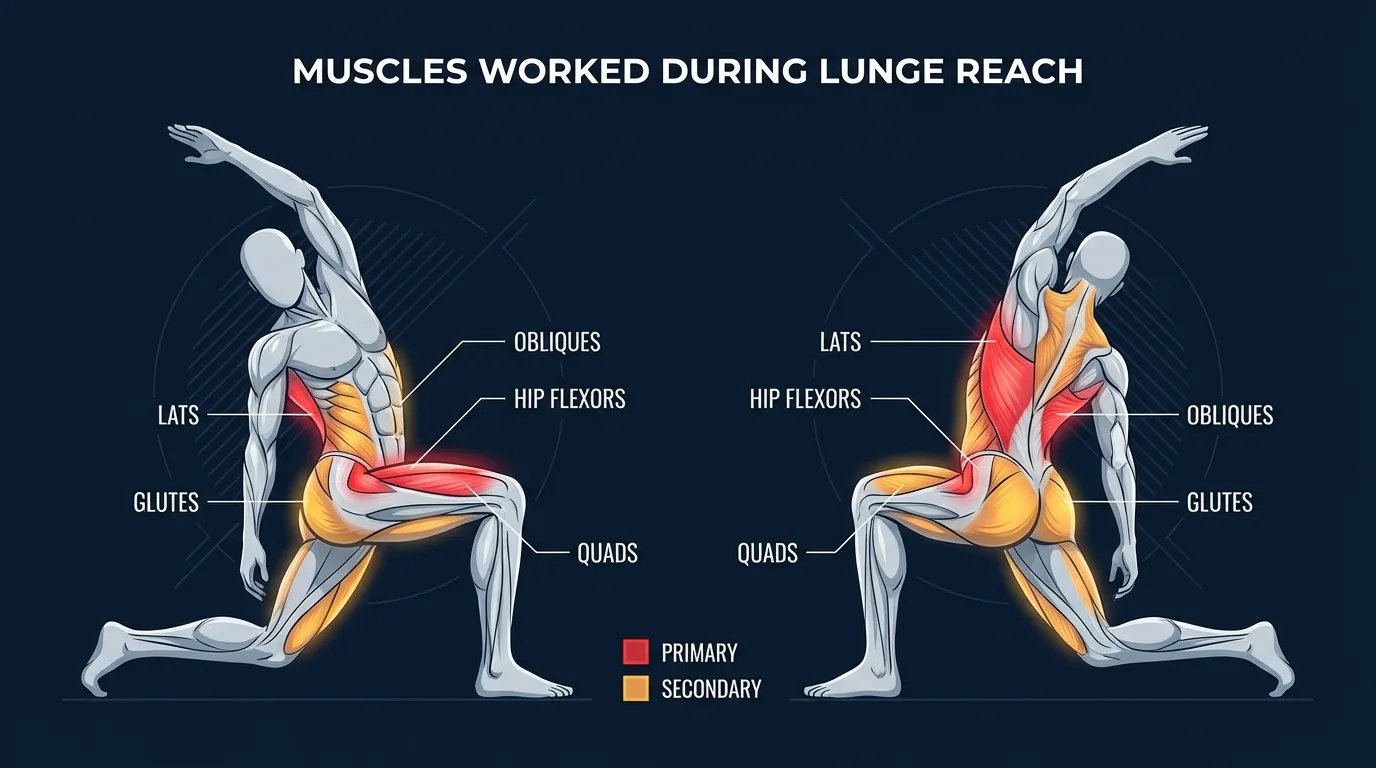 Lunge reach muscles targeted diagram showing hip flexors, thoracic rotators, glutes, quadriceps, obliques, and latissimus dorsi highlighted during the stretch