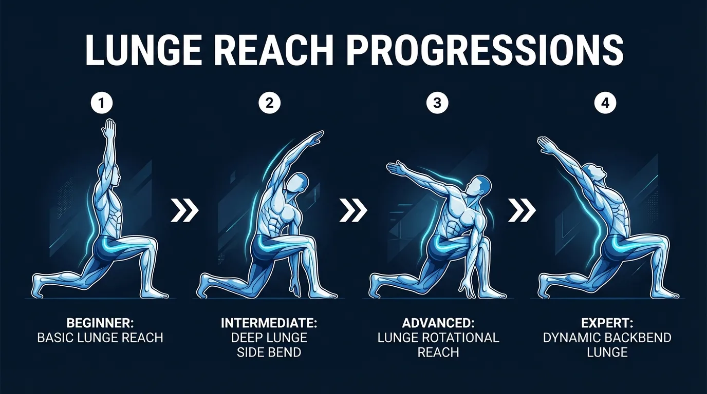 Lunge reach variations from kneeling beginner version to dynamic flow advanced version, showing progression of hip flexor opening and thoracic rotation