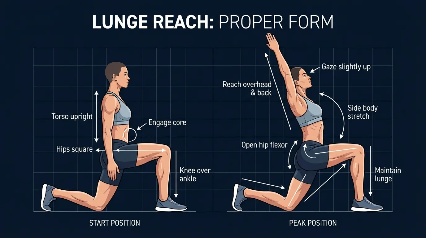 Lunge reach proper form showing deep lunge position with inside hand planted, thoracic rotation driving from mid-back, and free arm extended overhead toward ceiling