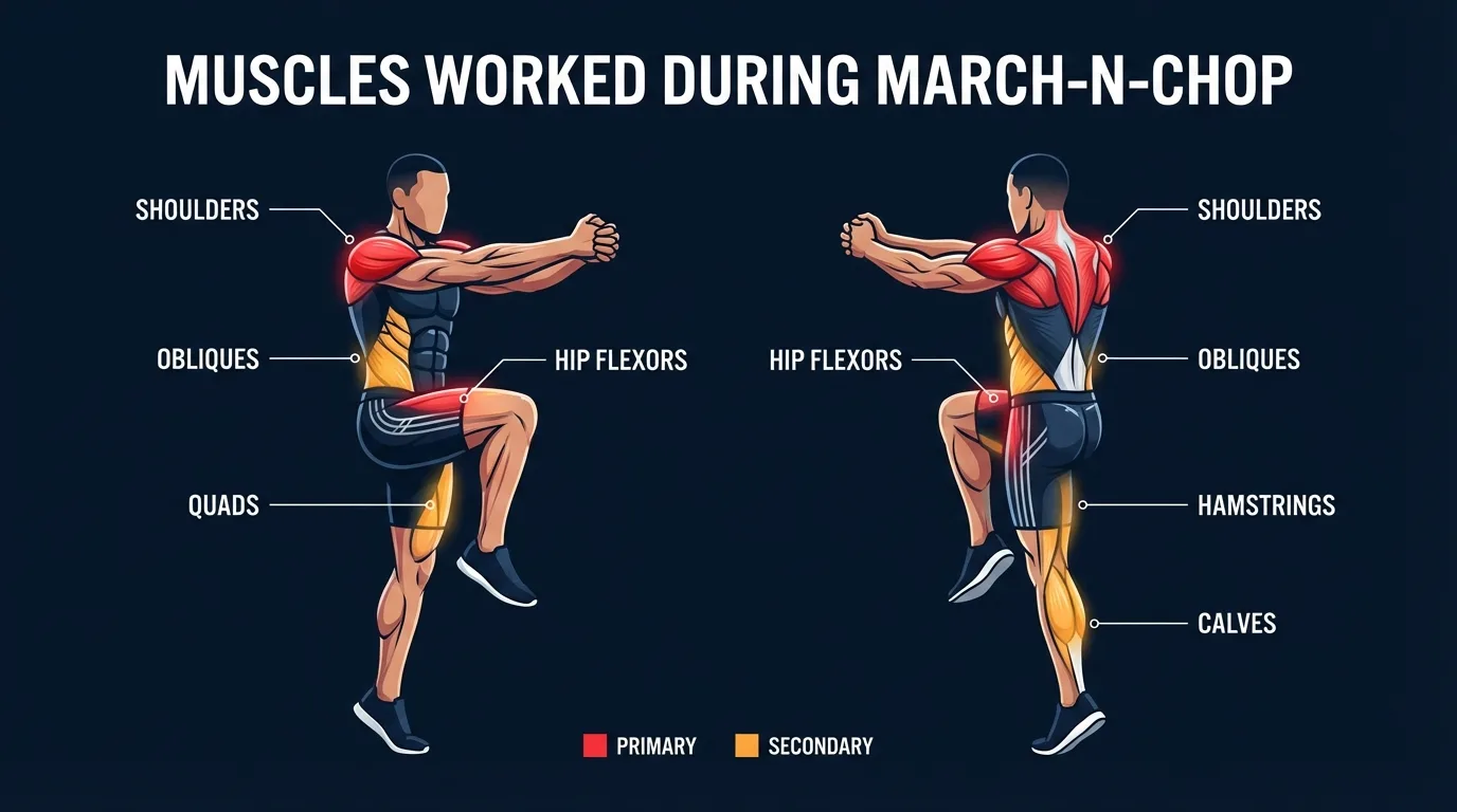 March-n-chop muscles targeted diagram showing obliques, hip flexors, glutes, rectus abdominis, and shoulders highlighted on a human figure