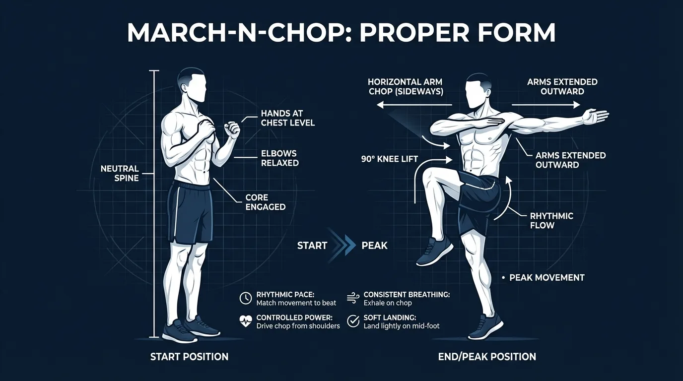 March-n-chop proper form visual guide showing overhead start position, knee drive with diagonal chop, and correct torso rotation