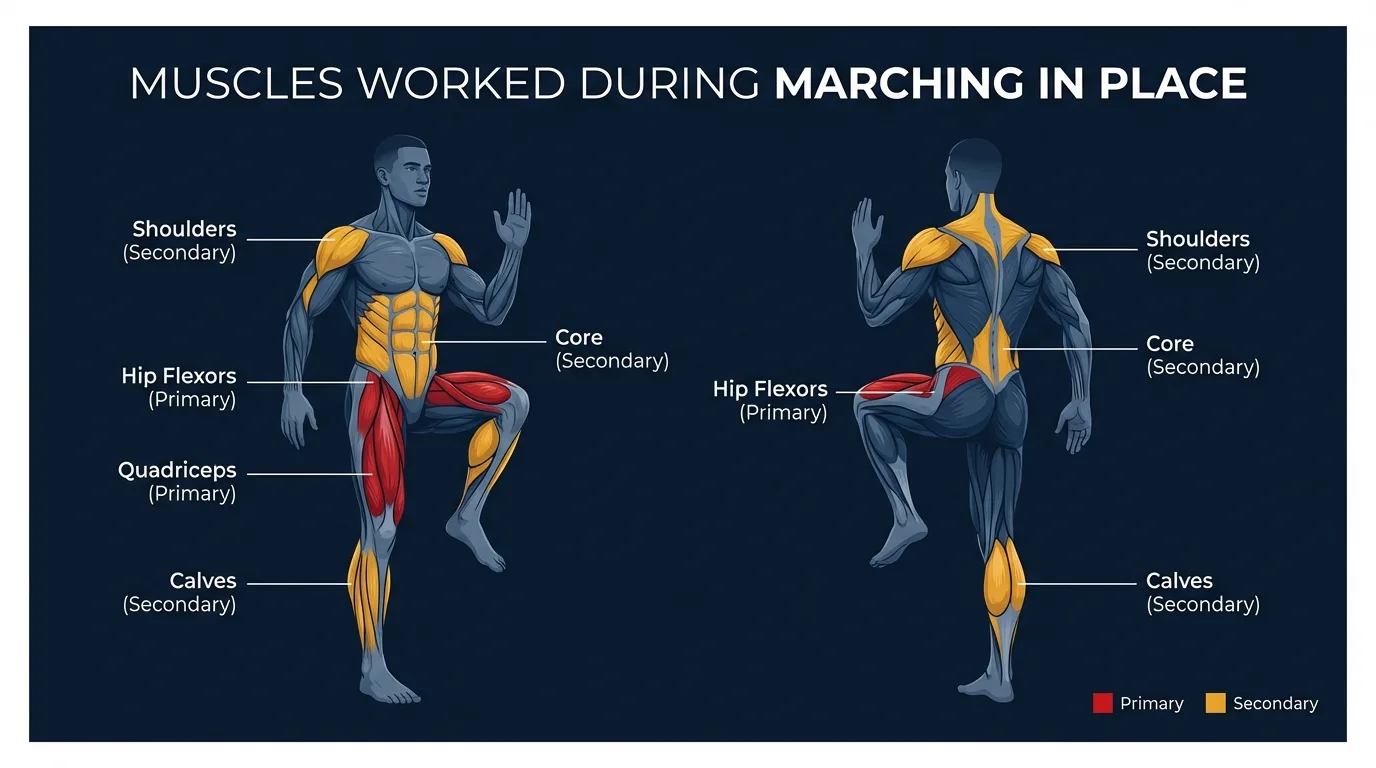 Marching in place muscles targeted diagram showing hip flexors, quadriceps, glutes, hamstrings, calves, and core highlighted on a human figure