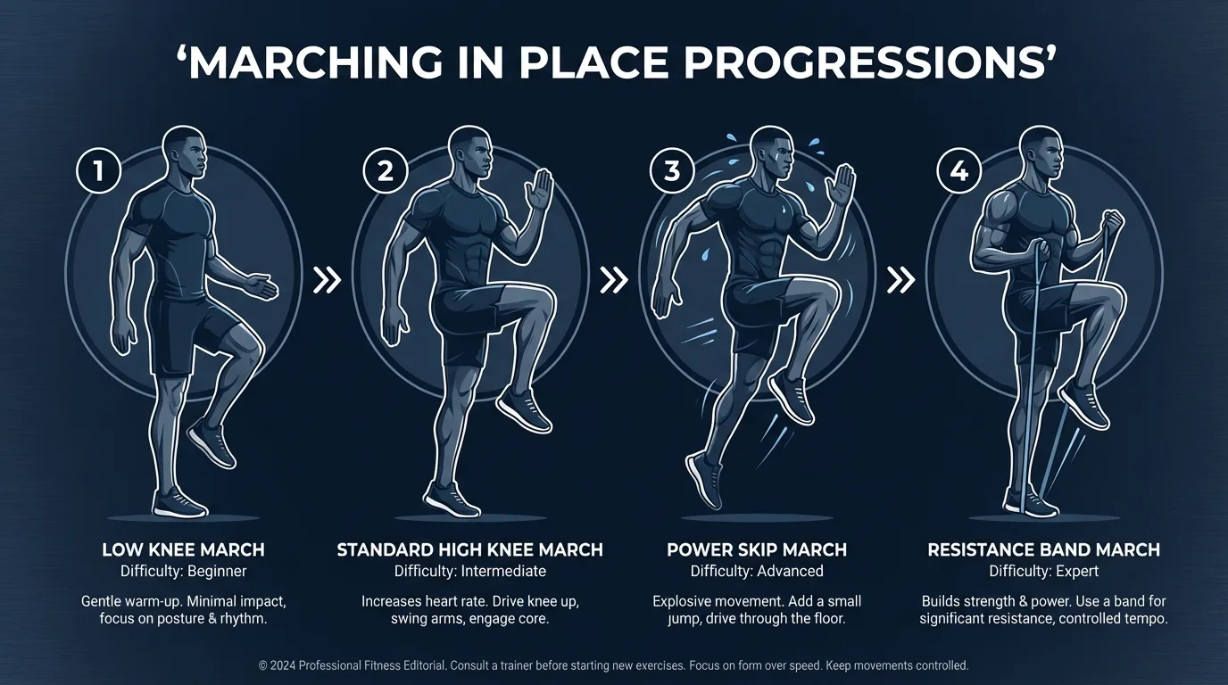 Marching in place variations from beginner seated marching to advanced high-knee power marching with resistance band