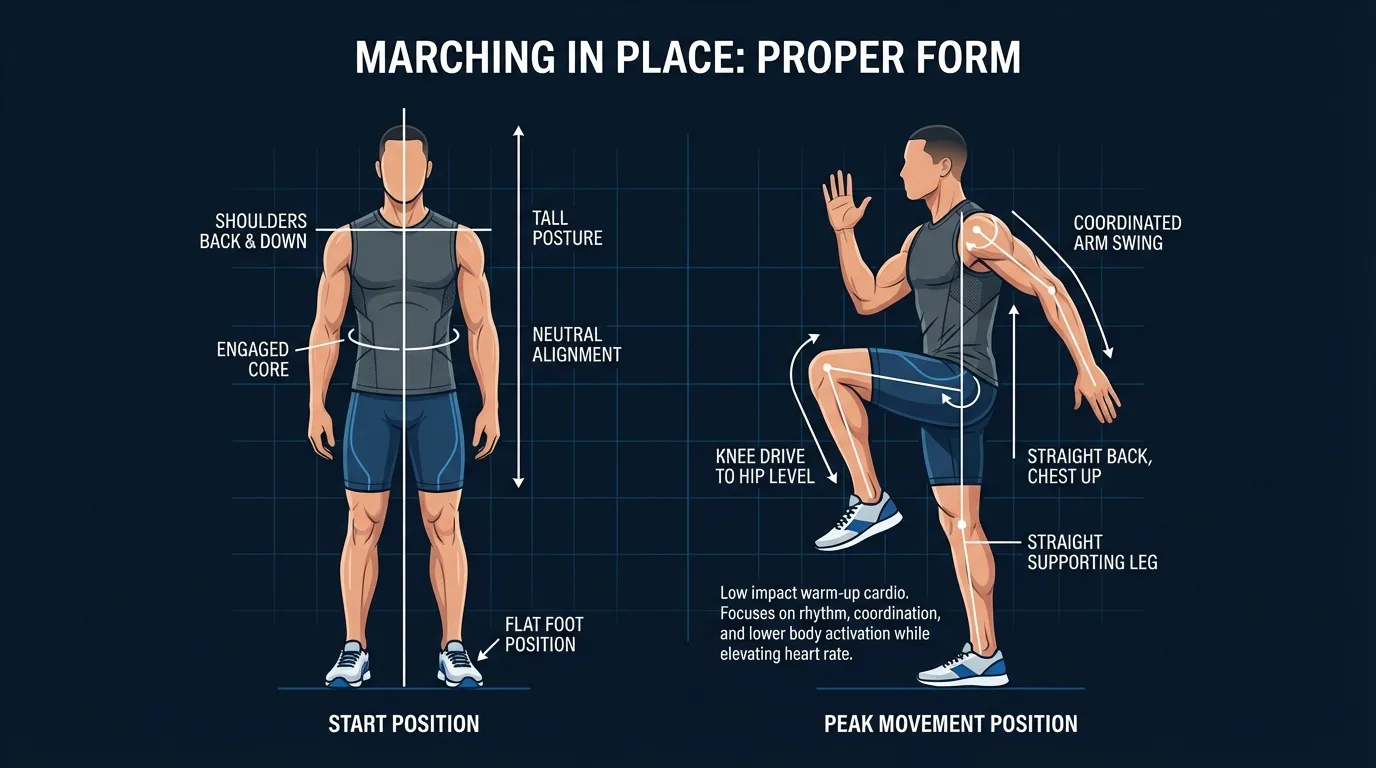 Marching in place proper form visual guide showing correct upright posture, knee height at hip level, and opposite arm swing technique