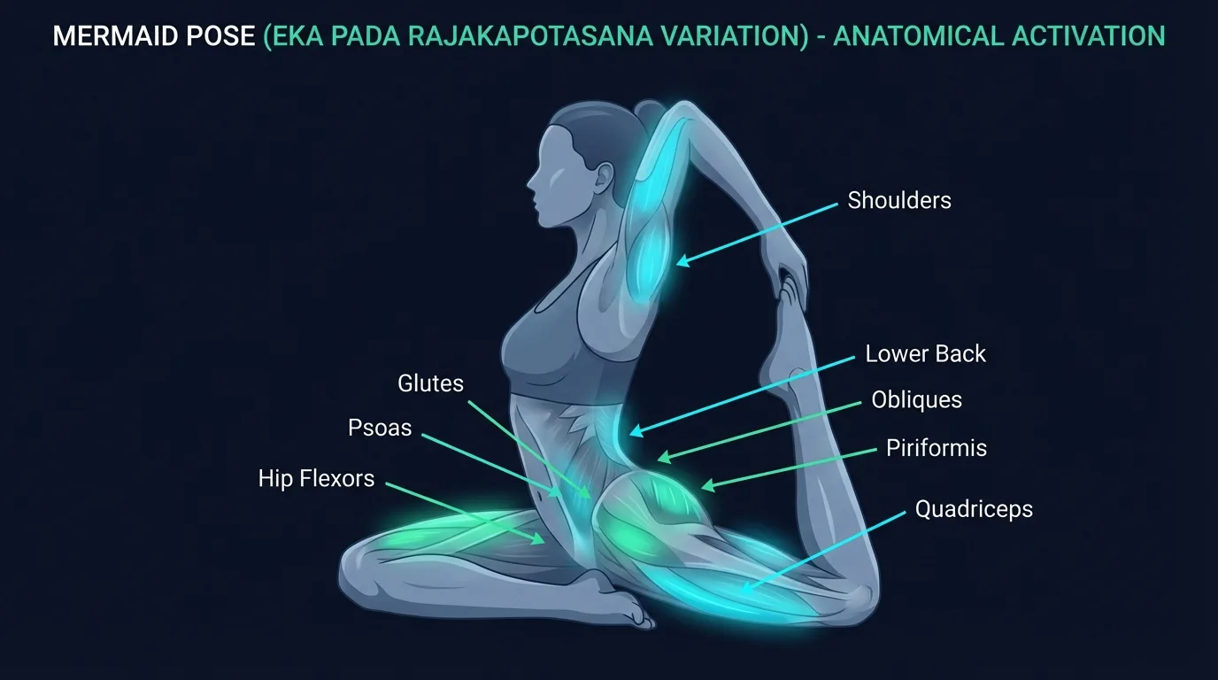 Mermaid pose muscles targeted diagram showing hip flexors, quadriceps, piriformis, and chest as primary stretched muscles with shoulders and lats as secondary
