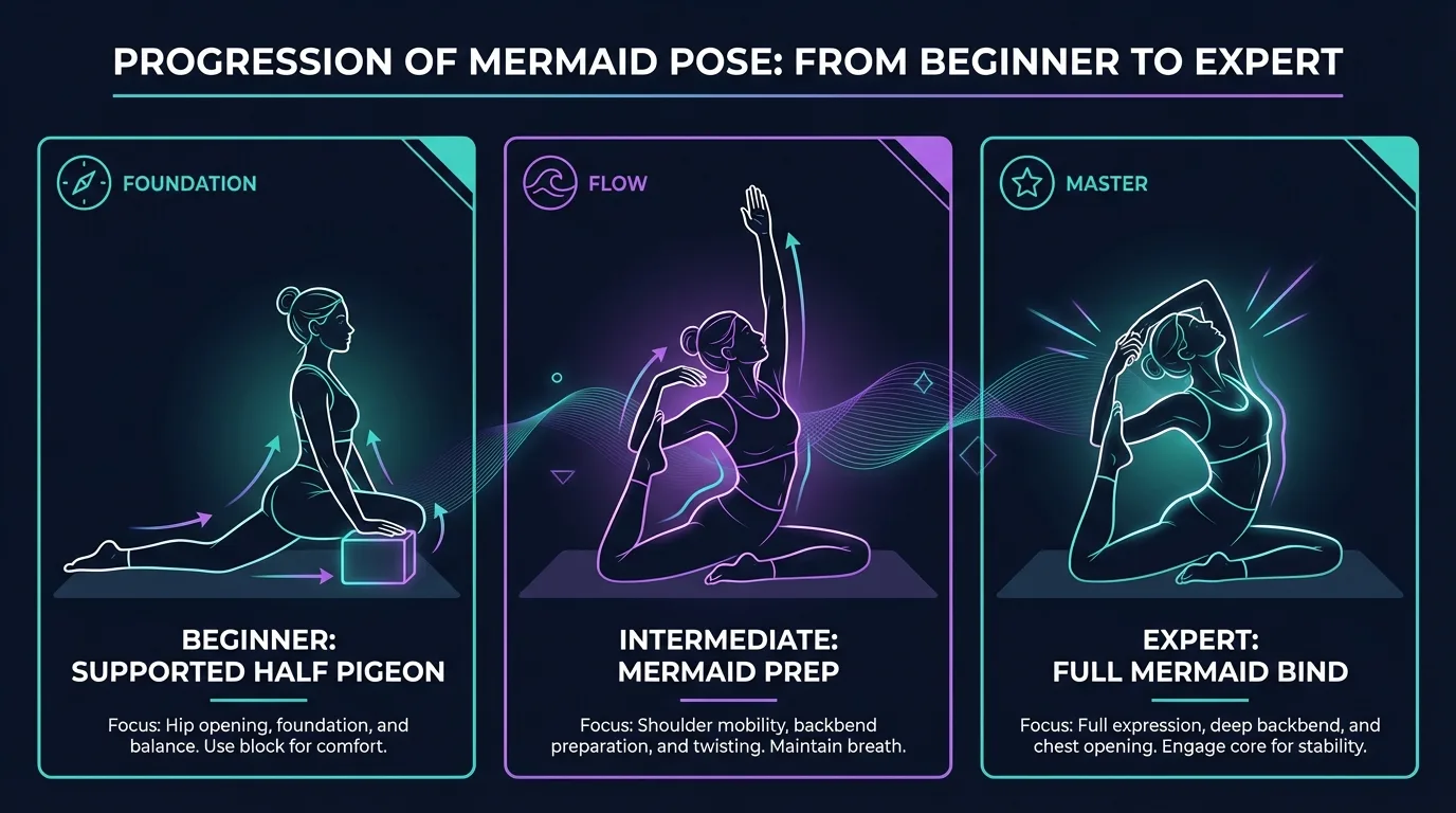 Mermaid pose progression from supported half pigeon to mermaid prep with single-arm bind to full mermaid bind with clasped hands overhead
