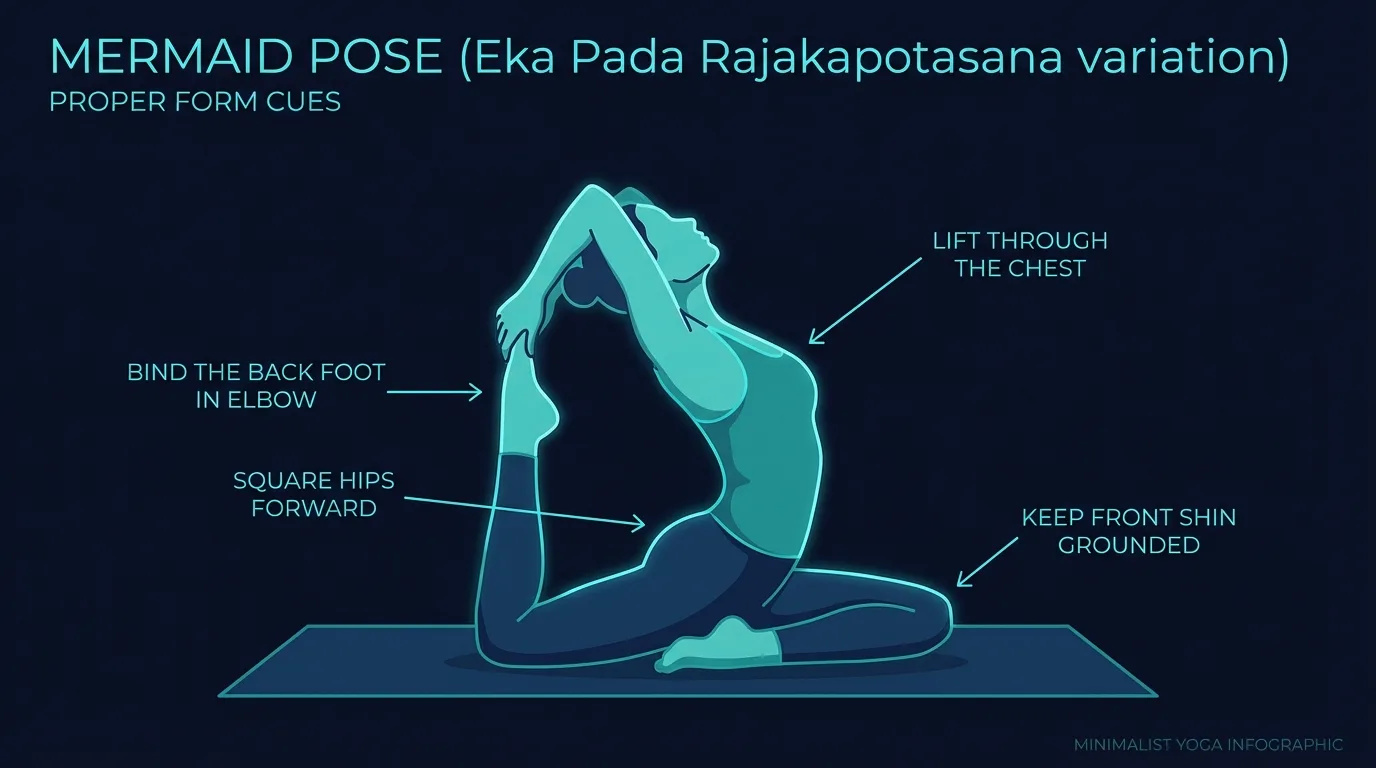 Mermaid pose proper form showing pigeon base with front shin grounded, back foot bound in elbow crook, and hands clasped overhead in a gentle backbend