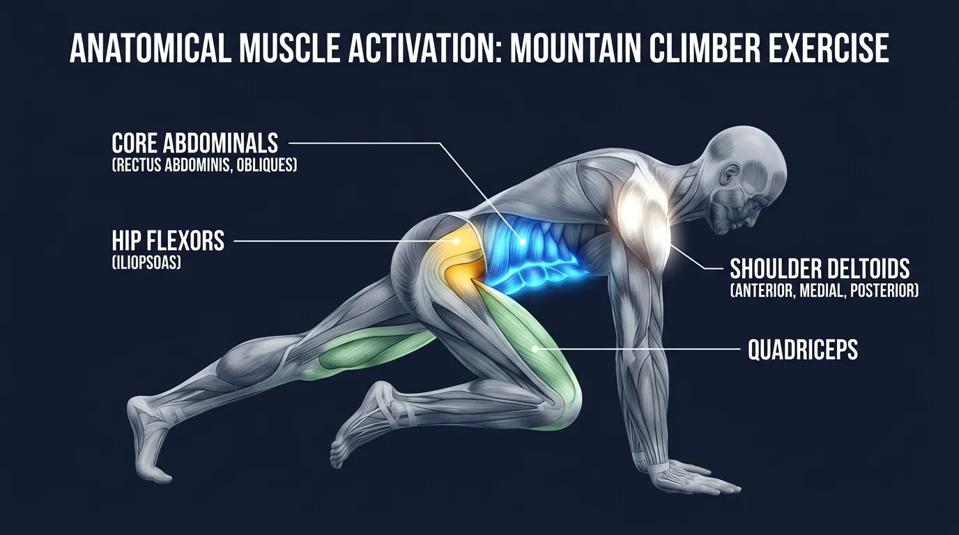 Mountain climber muscles and systems activated: hip flexors (psoas, iliacus, rectus femoris) drive each knee forward; rectus abdominis, transverse abdominis, and obliques brace the trunk; pectorals, anterior deltoids, triceps, and serratus anterior hold the high-plank; cardiovascular system and phosphocreatine plus glycolytic energy systems are recruited