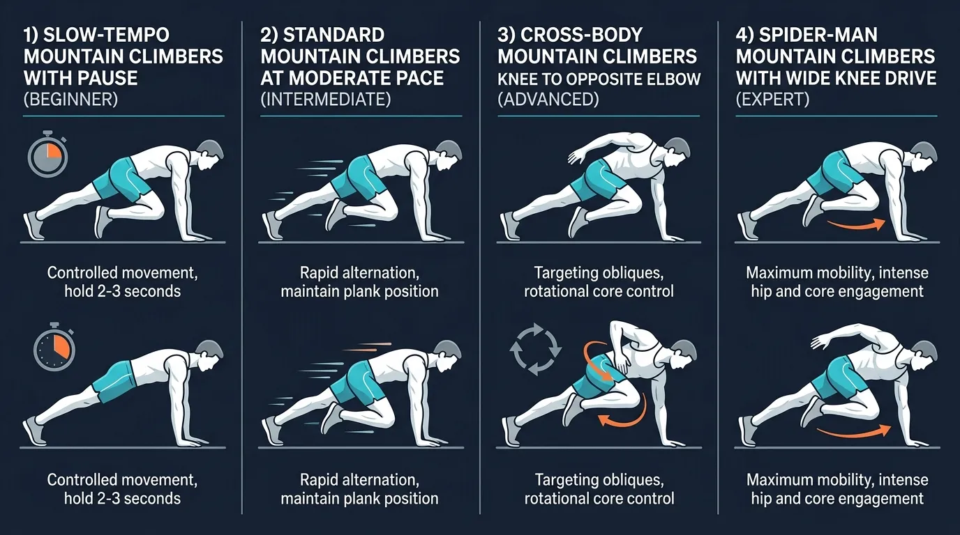 Mountain climber progression from elevated-hands beginner regression to standard floor intermediate version to cross-body, spider-man, and sliding advanced variations