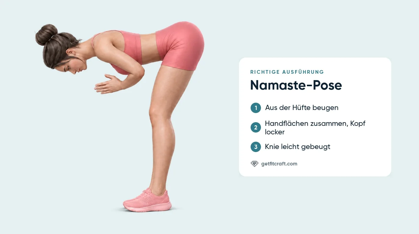 Namaste-Pose mit richtiger Form: aus der Hüfte nach vorn gebeugt, Knie weich, Handflächen zusammen und Kopf entspannt