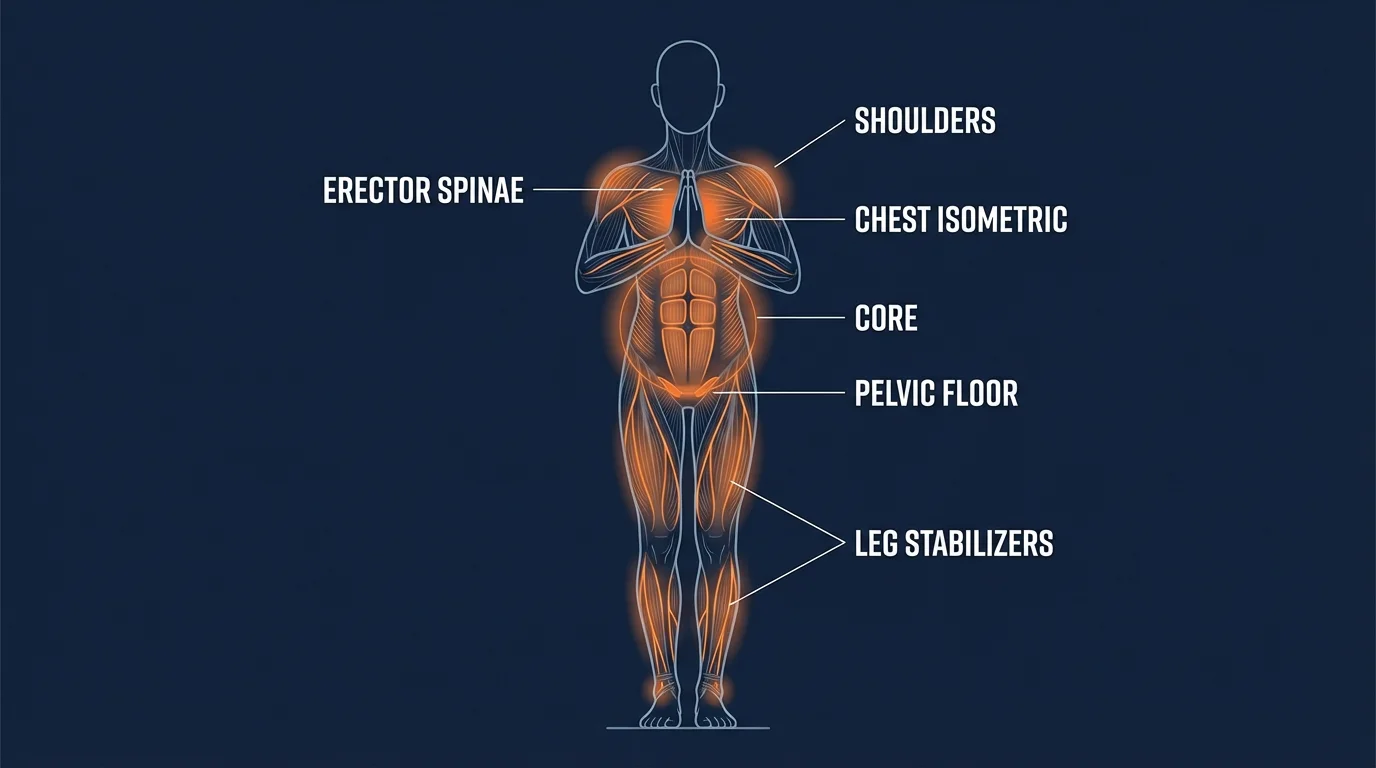Namaste pose muscles targeted diagram showing core stabilizers, pelvic floor, erector spinae, shoulders, chest isometric engagement, and leg stabilizers activated during prayer pose