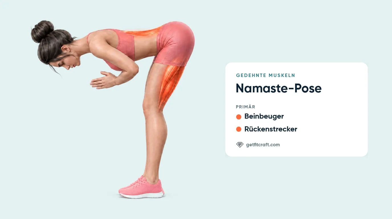 Namaste-Pose, gedehnte Muskeln: Beinbeuger und Rückenstrecker in einer stehenden Vorbeuge mit den Handflächen zusammen